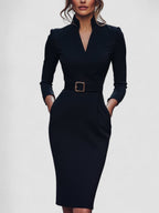 Iara™ | Vestido Ajustado Negro Refinado Con Cinturón