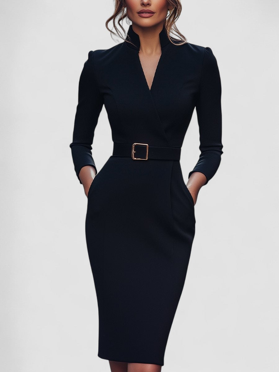 Iara™ | Vestido Ajustado Negro Refinado Con Cinturón